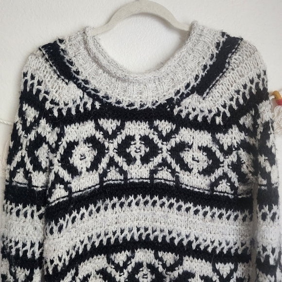 Free People Wool Blend Open Knit Aztec Boho Print Crewneck Pullover XS White - Picture 4 of 11
